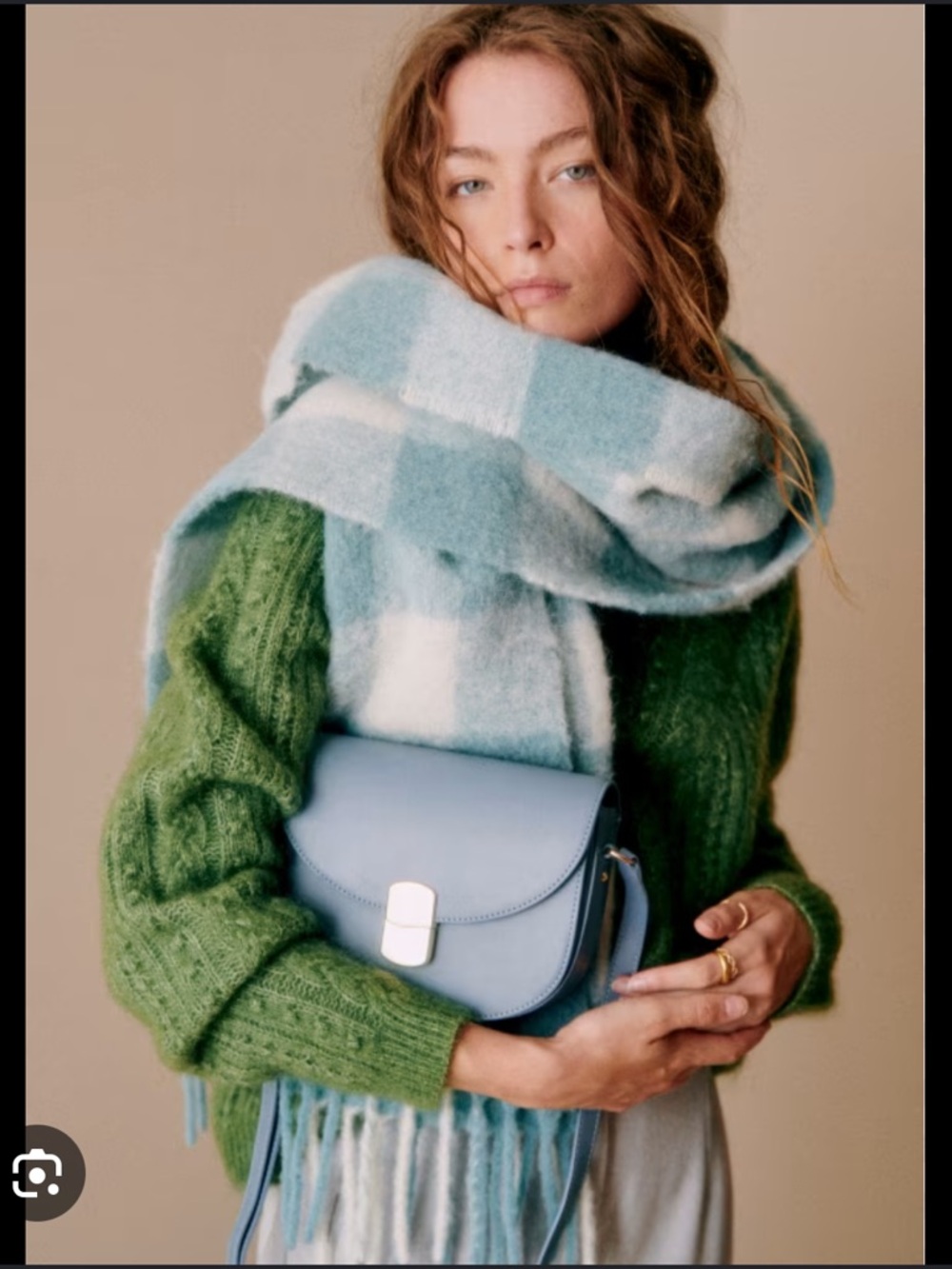 Sezane Louise Scarf in Ecru & Sage Check
